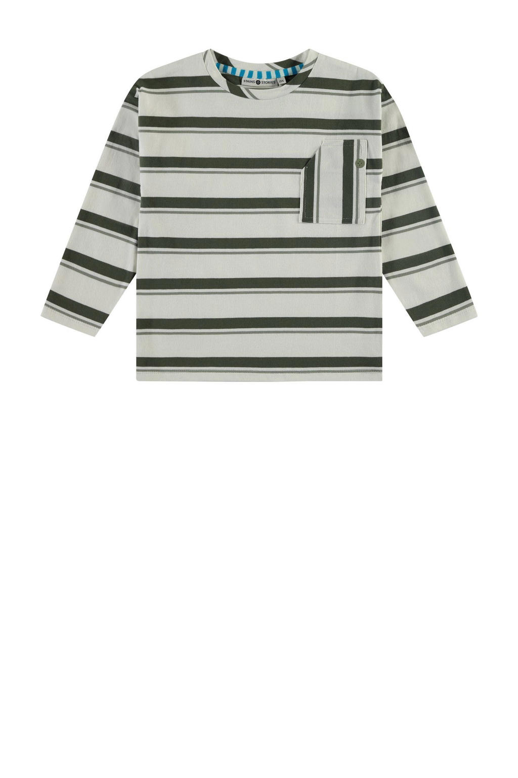 Ecru en groene jongens Stains&Stories gestreepte longsleeve van stretchkatoen met lange mouwen en ronde hals