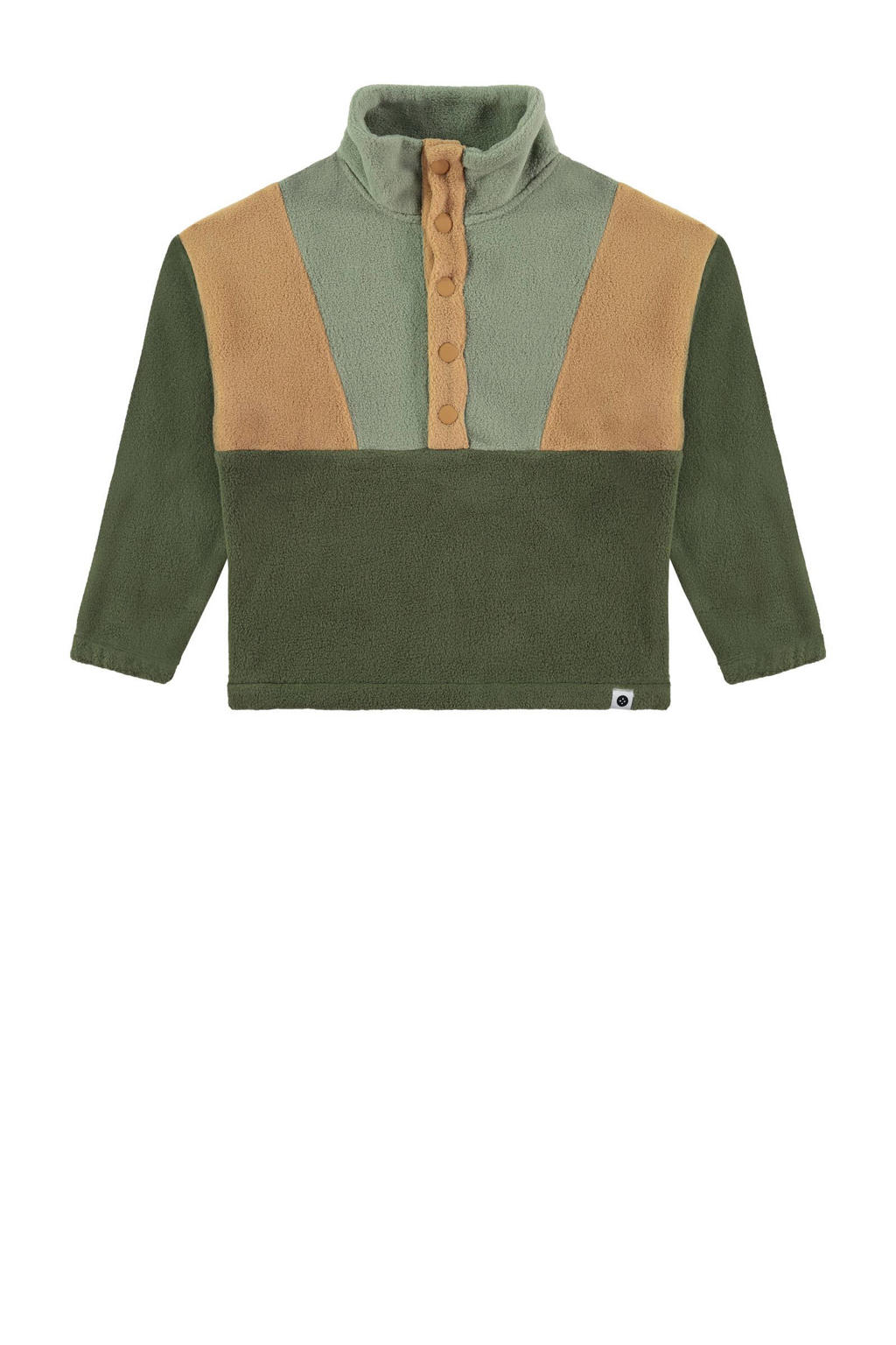 Groen en beige jongens Stains&Stories fleecetrui van polyester met meerkleurige print, lange mouwen, opstaande kraag en drukknoopsluiting
