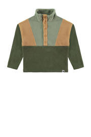 thumbnail: Groen en beige jongens Stains&Stories fleecetrui van polyester met meerkleurige print, lange mouwen, opstaande kraag en drukknoopsluiting
