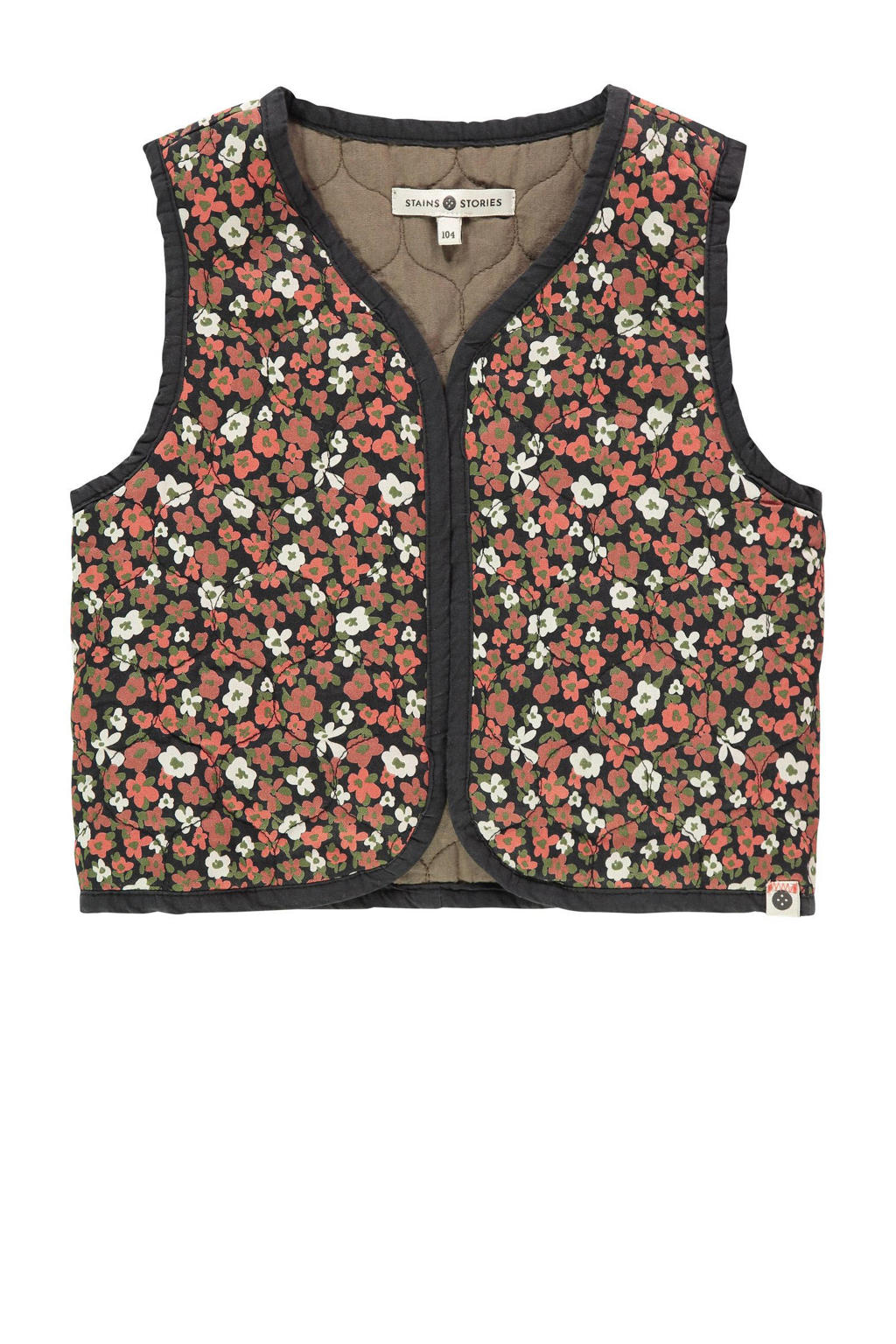 Donkerrood, groen en witte meisjes Stains&Stories gebloemd reversible gilet van viscose met V-hals