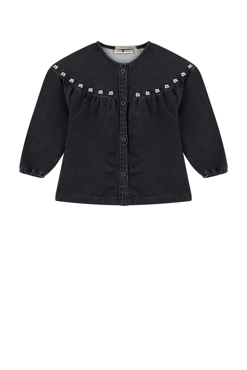 Antraciete meisjes Stains&Stories blouse van denim met effen, lange mouwen, ronde hals en knoopsluiting