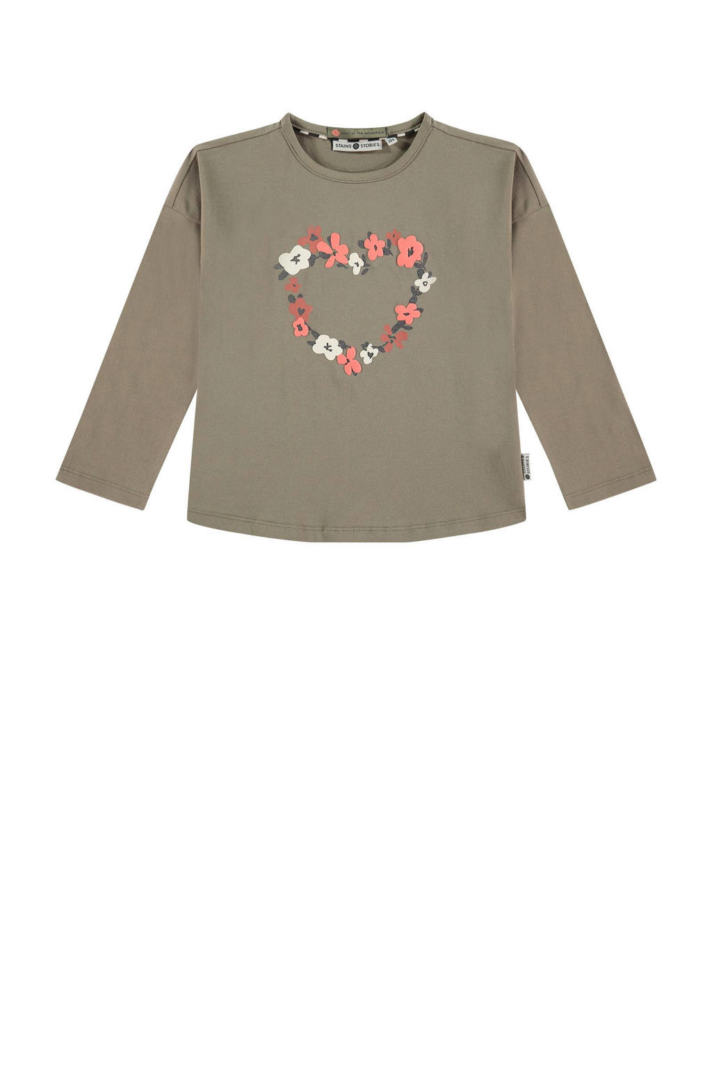 Groen en roze meisjes Stains&Stories longsleeve legergroen van stretchkatoen met printopdruk, lange mouwen en ronde hals