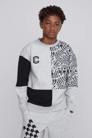 sweater Nathan met allover print grijs melange