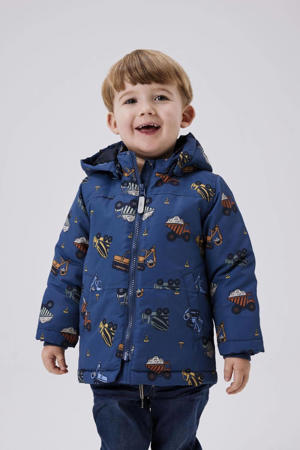 winterjas met all over print middenblauw