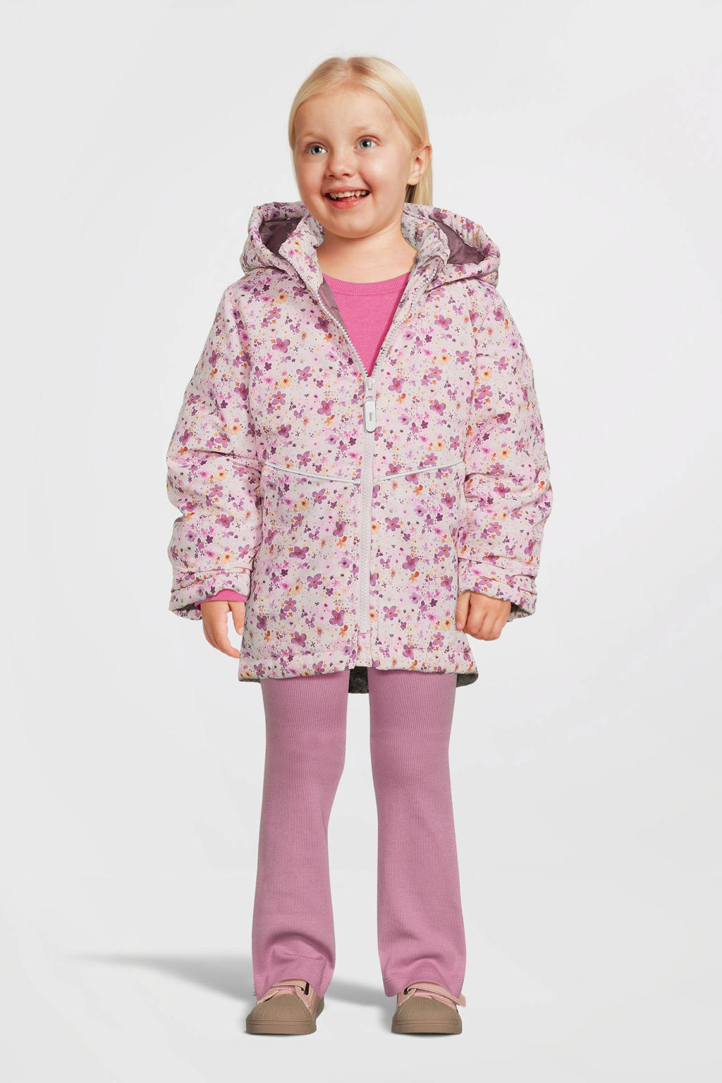 Roze, rood en paarse meisjes NAME IT MINI gebloemde winterjas van polyester met lange mouwen, capuchon en geribde boorden