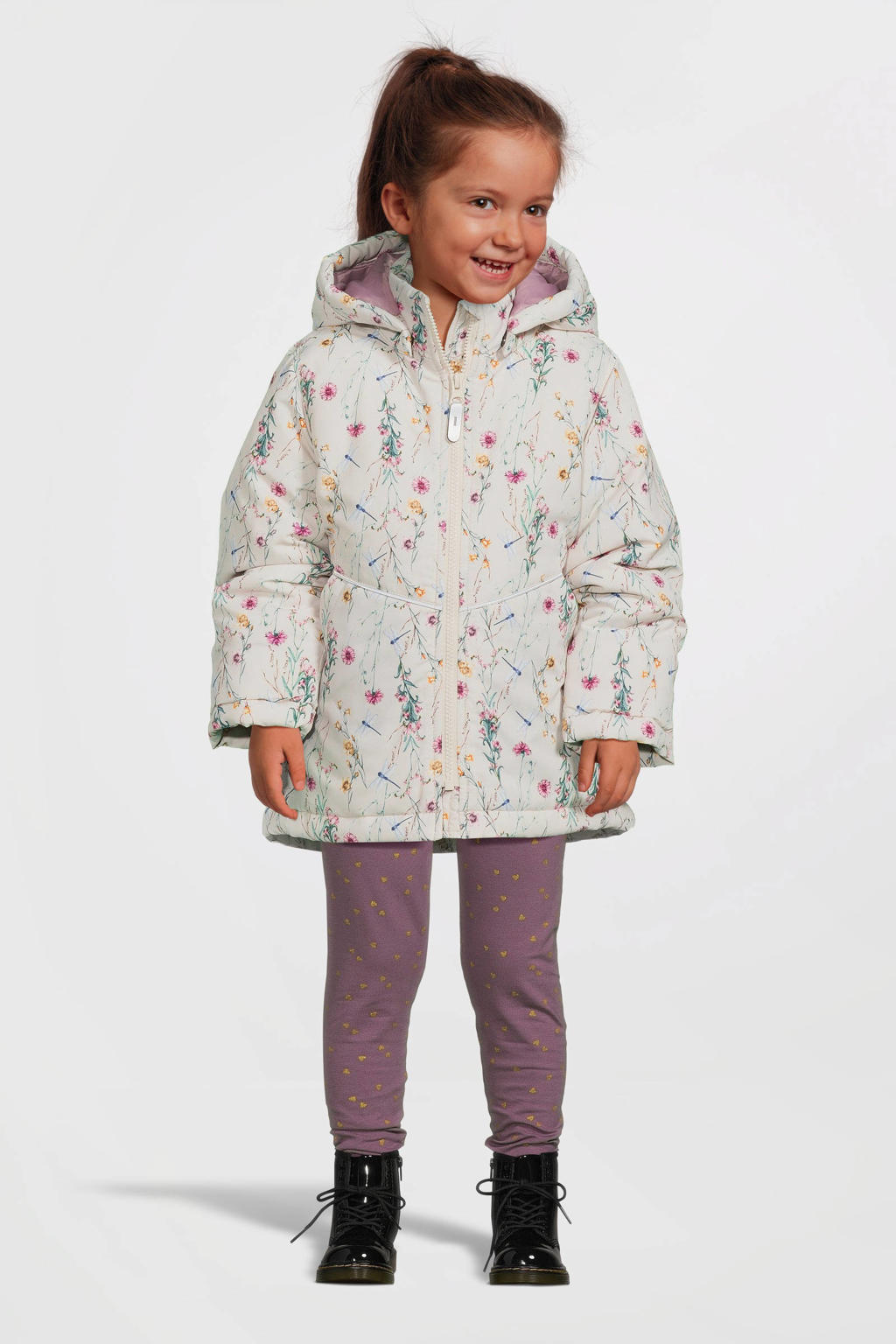 Beige en roze meisjes NAME IT MINI gebloemde winterjas van polyester met lange mouwen, capuchon en geribde boorden