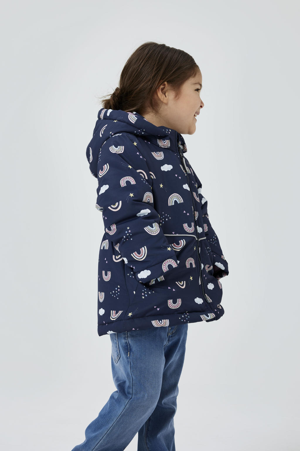 NAME IT MINI winterjas NMFMAXI met all over print donkerblauw/roze rainbow