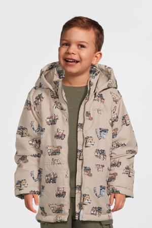 winterjas NMMMAX met all over print beige/bruin/blauw