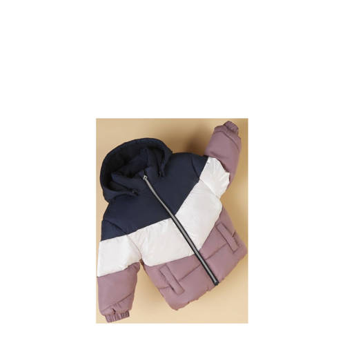 name it MINI gewatteerde winterjas NMFMILLE donkerblauw wit lila Meisjes Polyester Capuchon 86