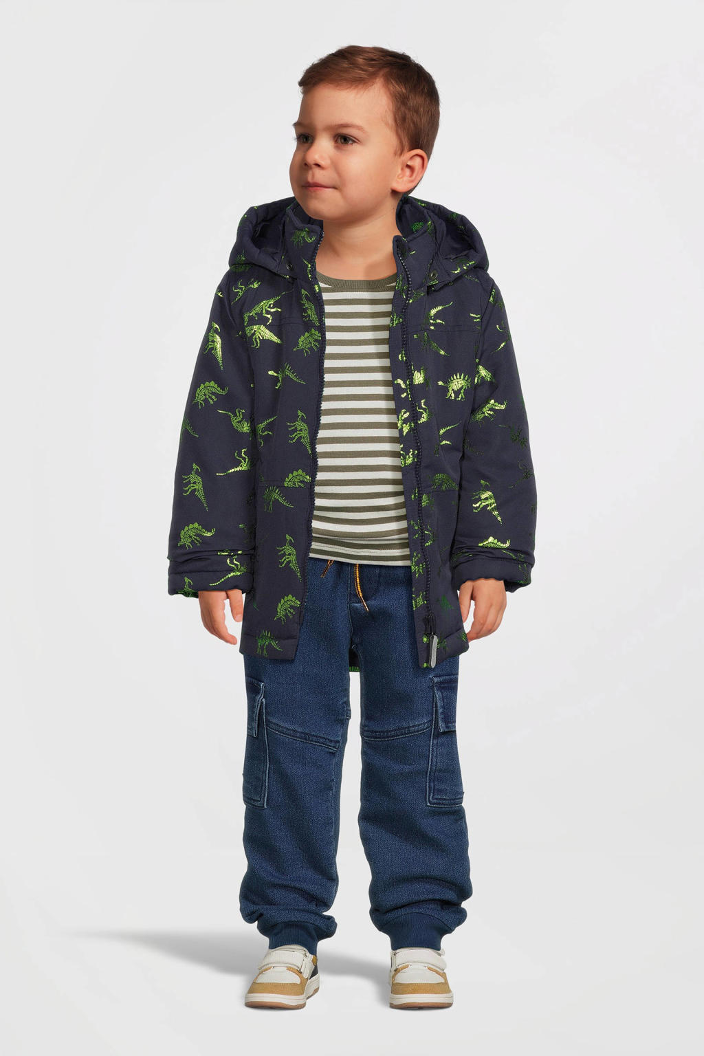 Donkerblauw en groene jongens NAME IT MINI winterjas van polyester met lange mouwen, capuchon, ritssluiting en geribde boorden