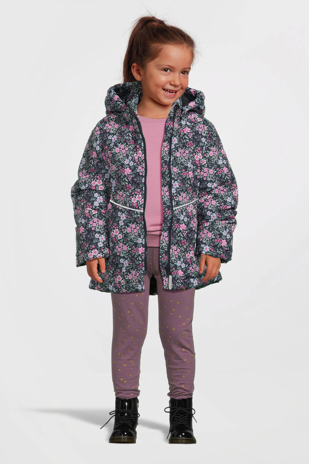 Donkerblauw en roze meisjes NAME IT MINI gebloemde winterjas van polyester met lange mouwen, capuchon, ritssluiting en geribde boorden