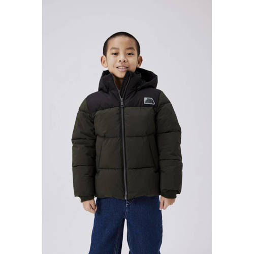 NAME IT KIDS gewatteerde winterjas NKMMORNING donkergroen/zwart Jongens Polyester Capuchon
