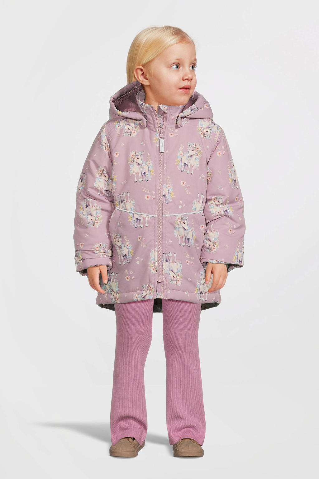 Roze en ecru meisjes NAME IT MINI winterjas mauve unicorn van polyester met lange mouwen, capuchon en geribde boorden