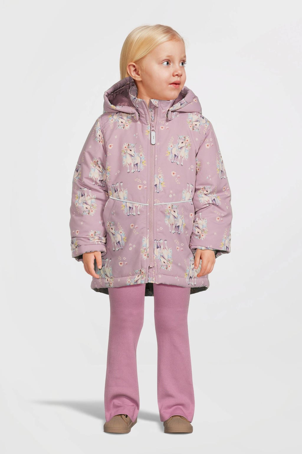 Roze en ecru meisjes NAME IT MINI winterjas mauve unicorn van polyester met lange mouwen, capuchon en geribde boorden