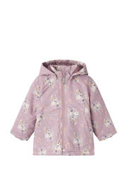 thumbnail: Roze en ecru meisjes NAME IT MINI winterjas mauve unicorn van polyester met lange mouwen, capuchon en geribde boorden