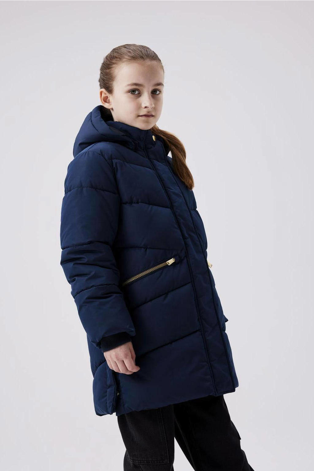 Donkerblauwe meisjes NAME IT KIDS gewatteerde winterjas van polyester met effen, lange mouwen, capuchon, rits- en drukknoopsluiting en geribde boorden