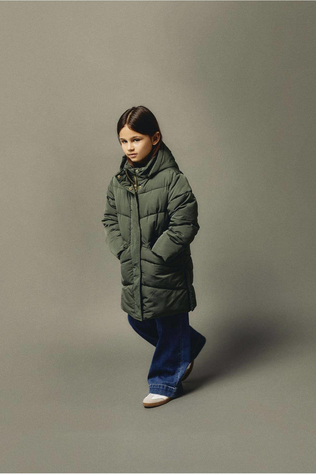 Donkergroene meisjes NAME IT KIDS gewatteerde winterjas van polyester met effen, lange mouwen, capuchon, rits- en drukknoopsluiting en geribde boorden