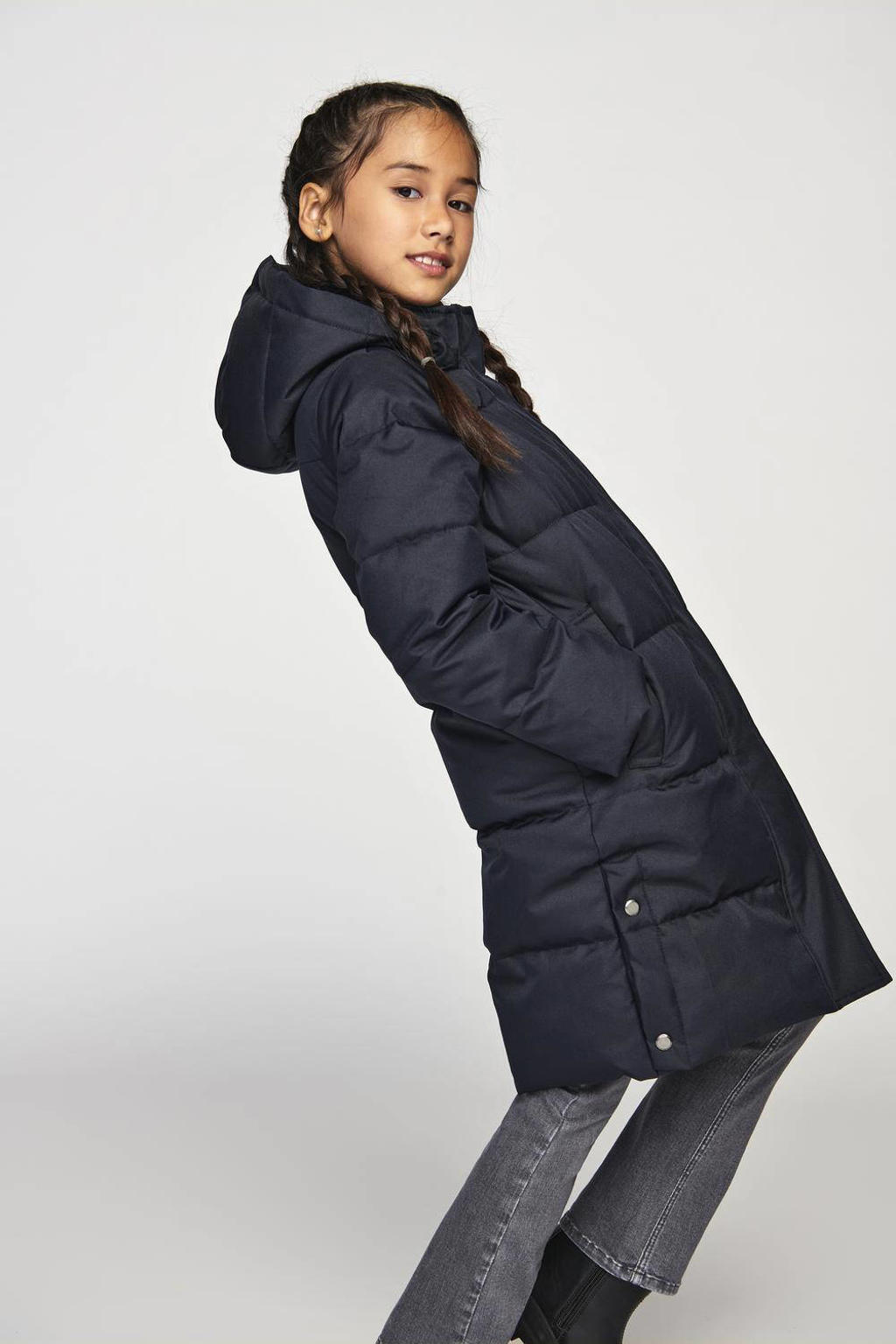 Donkerblauwe meisjes KIDS ONLY GIRL gewatteerde winterjas van polyester met effen, lange mouwen, capuchon en rits- en drukknoopsluiting