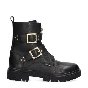 Mila Moxie chunky leren bikerboots zwart