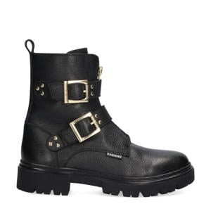 Mila Moxie chunky leren bikerboots zwart
