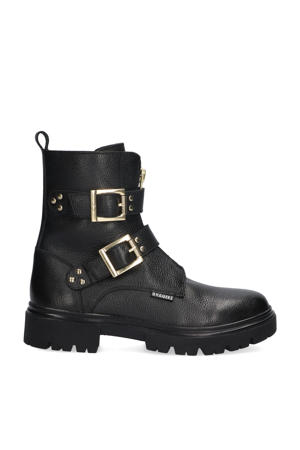 Mila Moxie chunky leren bikerboots zwart