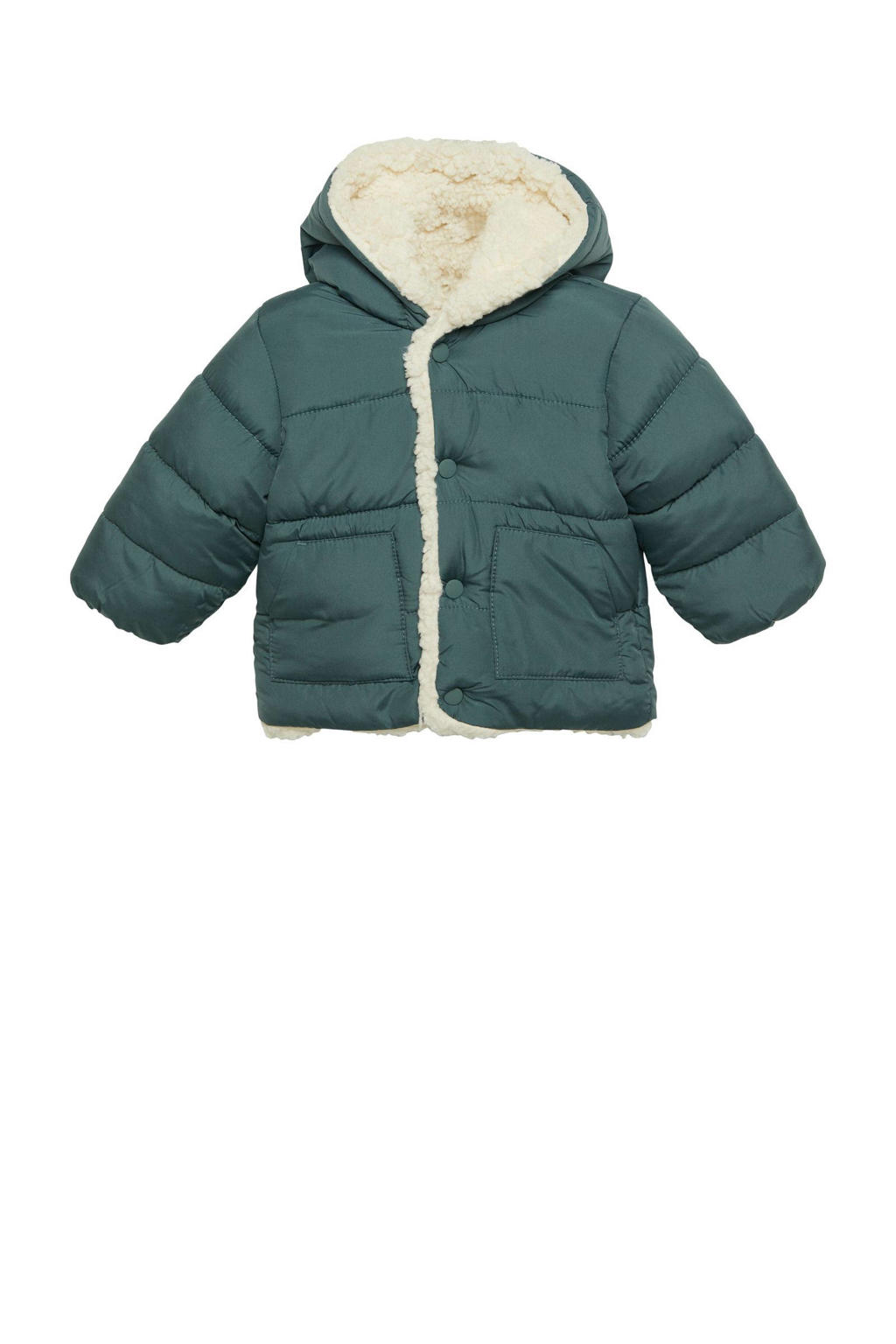 Blauwe jongens s.Oliver baby gewatteerde winterjas van polyester met effen, lange mouwen, capuchon en knoopsluiting