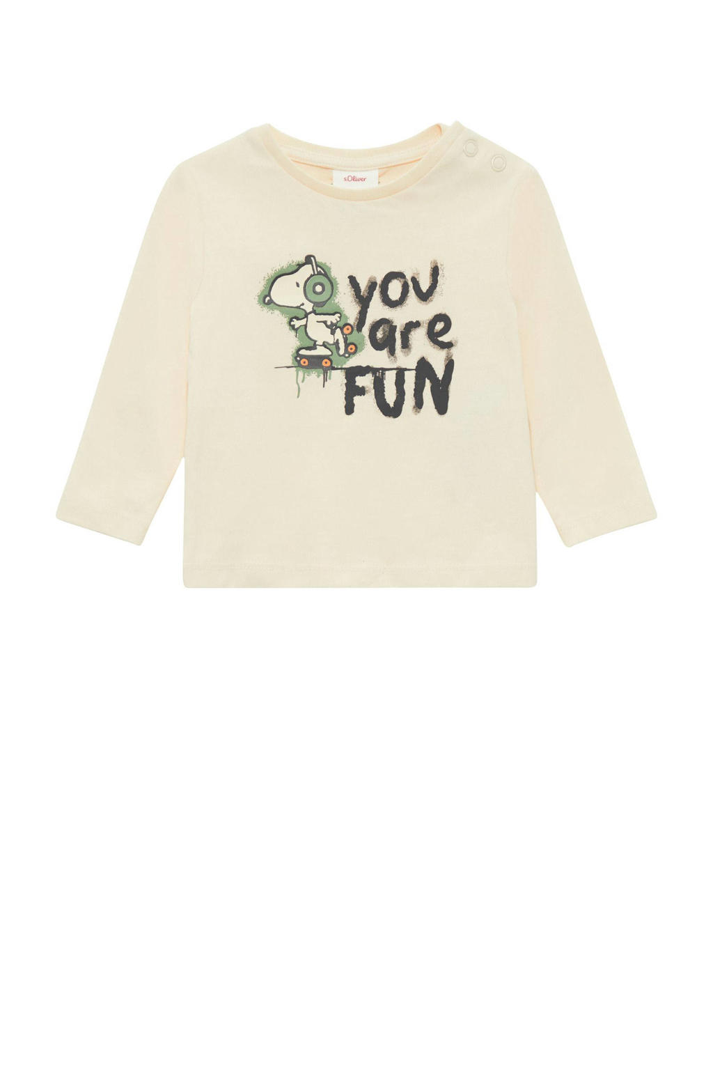 Ecru jongens s.Oliver baby longsleeve van katoen met tekst print, lange mouwen, ronde hals en drukknoopsluiting