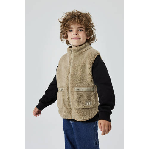 name it KIDS gilet NKMNODERNE zand Beige Jongens Teddy Ronde hals Effen 134 140