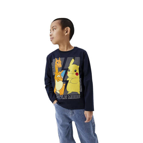 name it KIDS Pokemon longsleeve met printopdruk donkerblauw Jongens Katoen Ronde hals 158 164