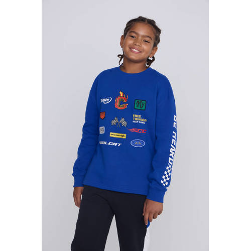 Coolcat Sweater Tyler met Racer Logo's en Patches Trui Blauw Jongens Katoen Ronde hals