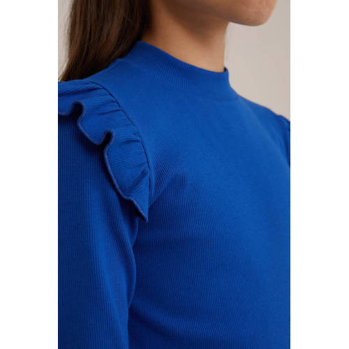 WE Fashion longsleeve Blauw Meisjes Stretchkatoen Ronde hals Effen 146 152