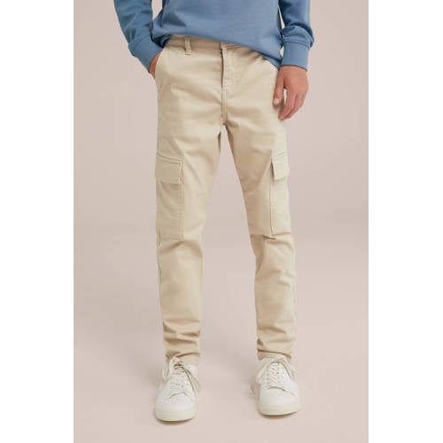 WE Fashion slim fit cargobroek beige Jongens Stretchkatoen Effen 134