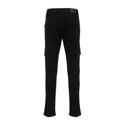 WE Fashion slim fit cargobroek zwart Jongens Stretchkatoen Effen 170