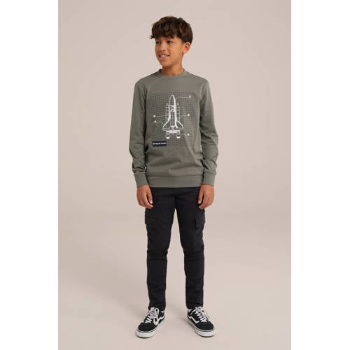 WE Fashion slim fit cargobroek zwart Jongens Stretchkatoen Effen 170