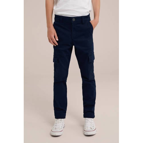 WE Fashion slim fit cargobroek royal navy Jongens Stretchkatoen Effen 110