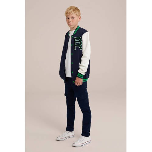 WE Fashion slim fit cargobroek royal navy Jongens Stretchkatoen Effen 110