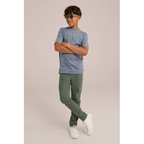 WE Fashion slim fit cargobroek olijfgroen Jongens Stretchkatoen Effen 116