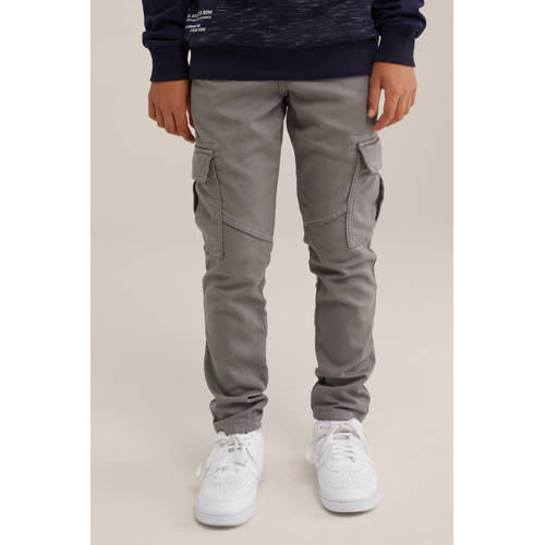 WE Fashion slim fit cargobroek Grijs Jongens Stretchkatoen Ruit 176