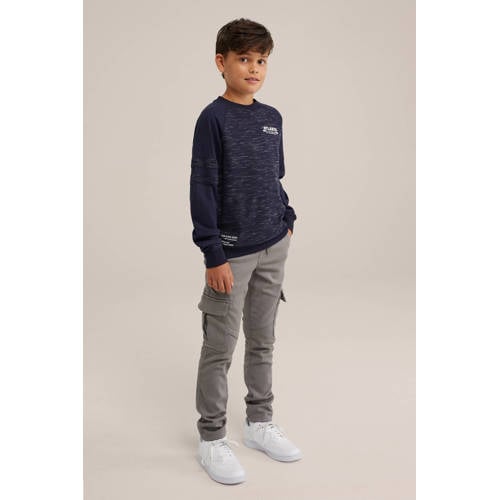 WE Fashion slim fit cargobroek Grijs Jongens Stretchkatoen Ruit 176