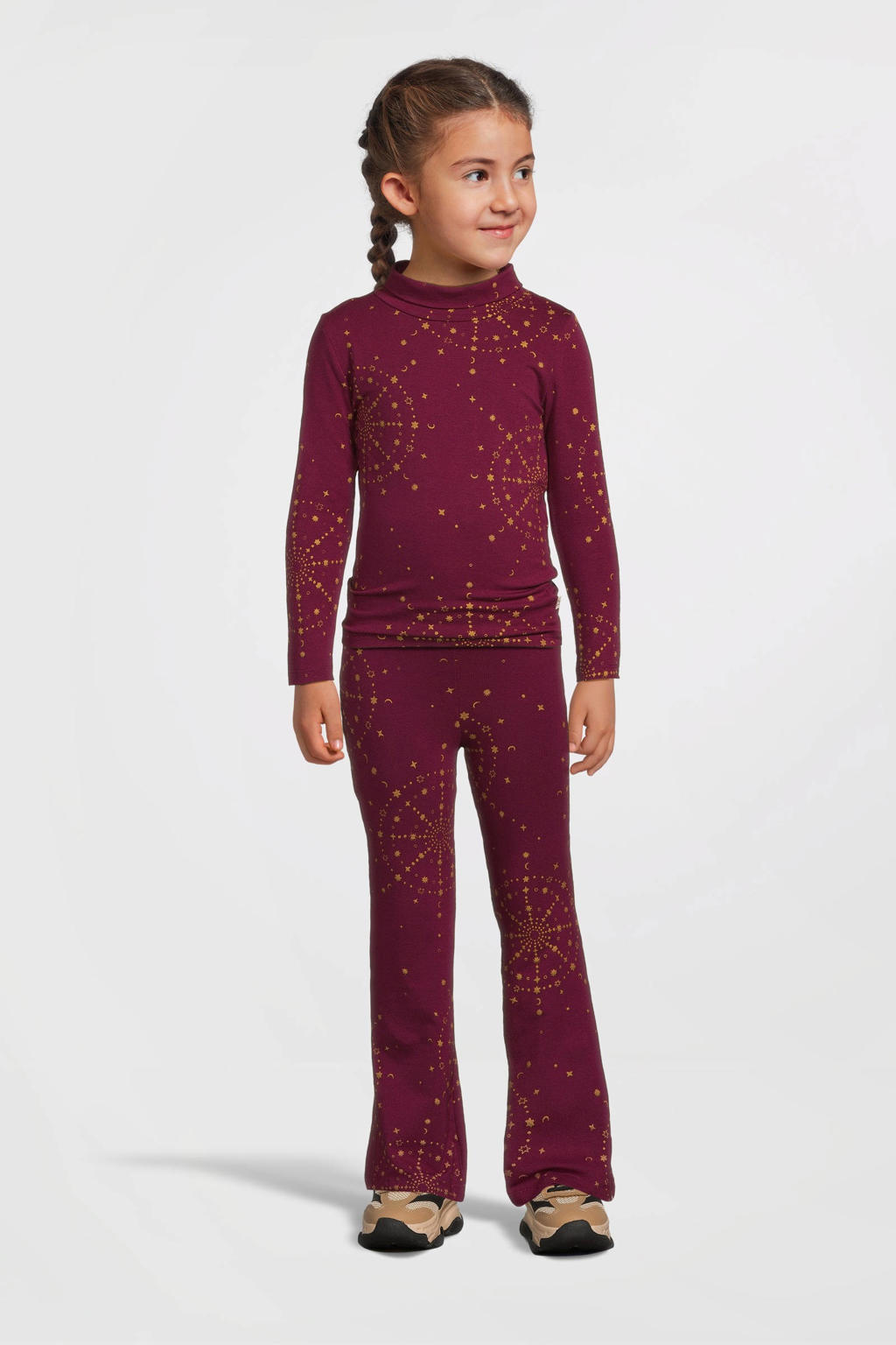 Donkerrood, bordeaux en gouden meisjes Your Wishes longsleeve bordeauxrood van stretchkatoen met lange mouwen en opstaande kraag