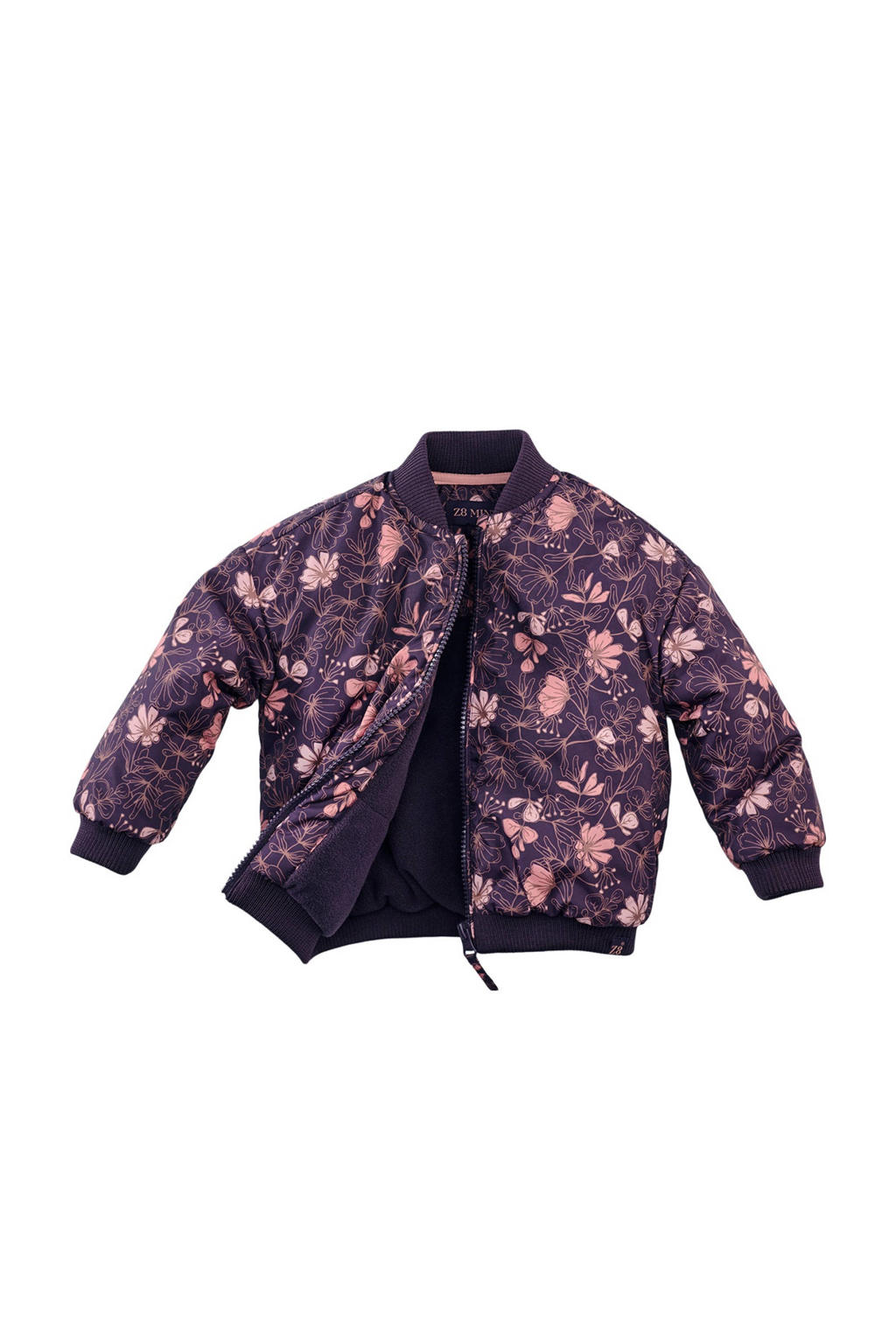 Paars en roze meisjes Z8 winterjas Beaudine van polyester met bloemenprint, lange mouwen, opstaande kraag en ritssluiting