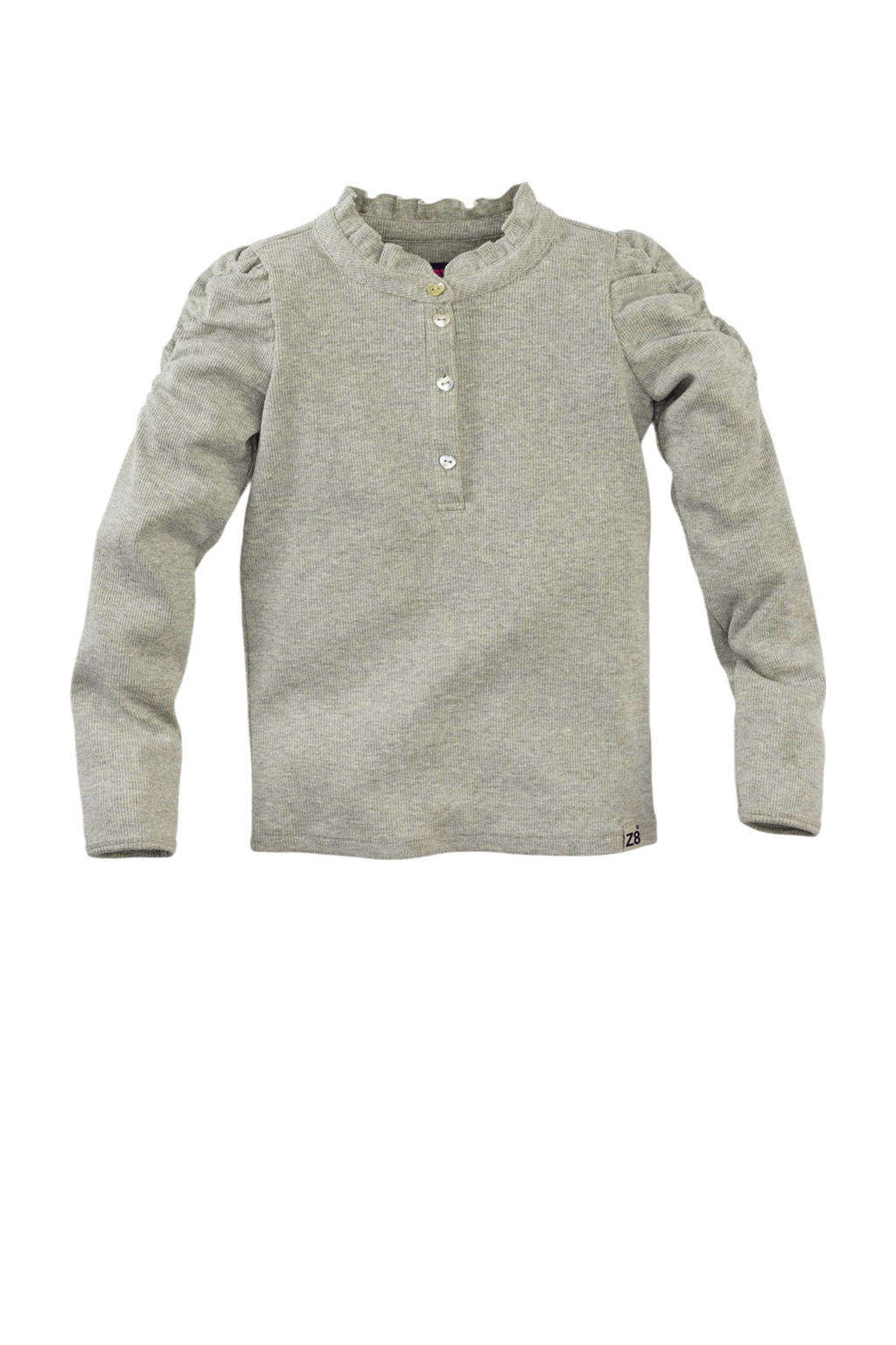 Lichtgroene meisjes Z8 longsleeve Dounia van sweat materiaal met effen, lange mouwen, opstaande kraag, knoopsluiting en textuur