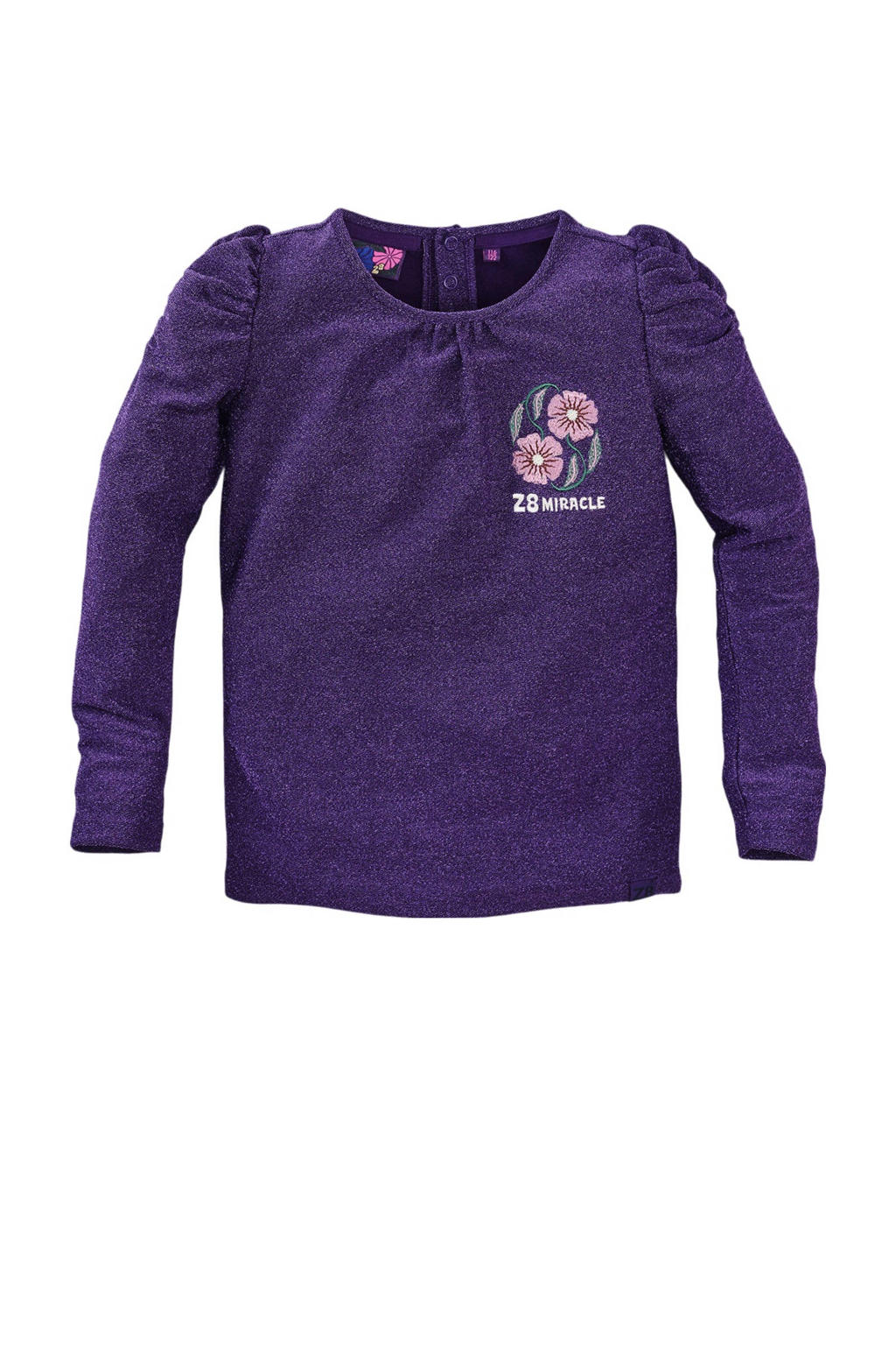 Paarse meisjes Z8 longsleeve Liva en ruches van polyester met printopdruk, lange mouwen, ronde hals, drukknoopsluiting en glitters