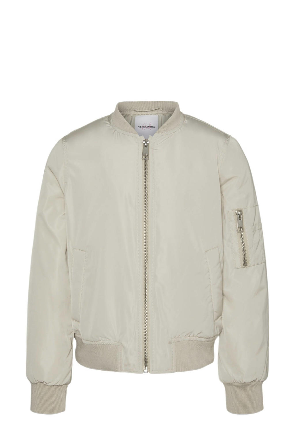Ecru meisjes VERO MODA GIRL bomberjack van polyester met effen, lange mouwen, ronde hals en ritssluiting