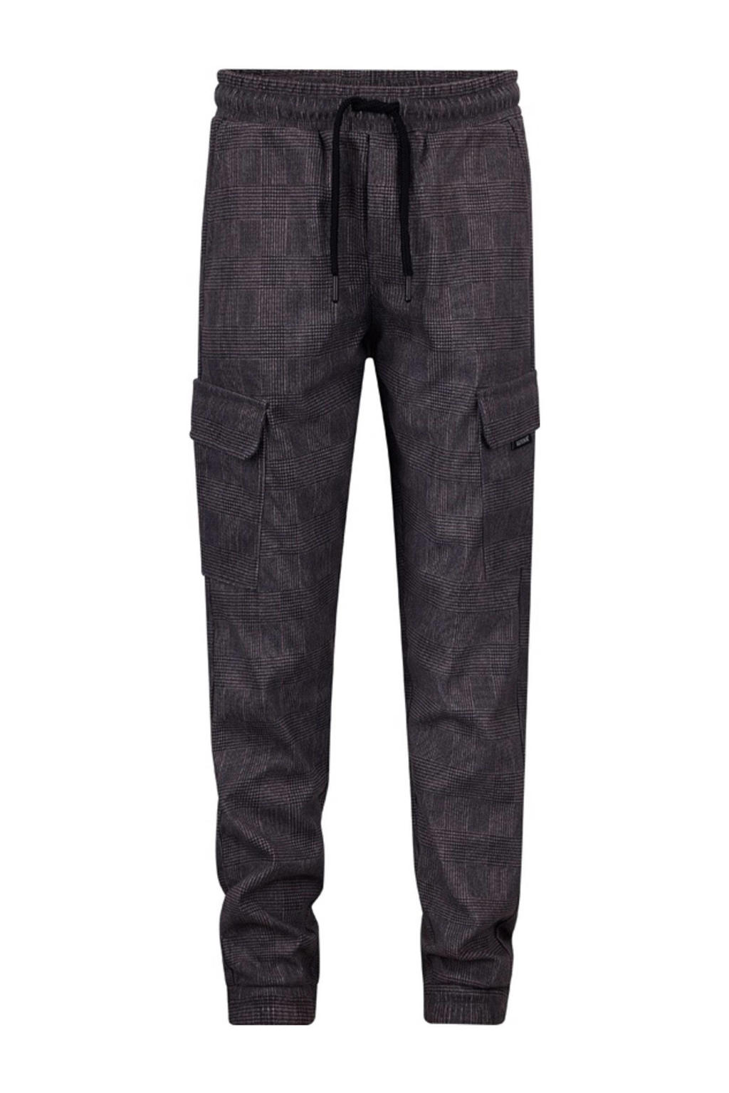 Grijze jongens Retour Jeans tapered cargo broek van polyester met elastische tailleband met koord en ruitenprint