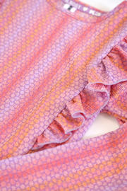 thumbnail: Roze en lilakleurige meisjes B.Nosy x jurk Doutzen met ruches perzik van polyester met lange mouwen, ronde hals en knoopsluiting