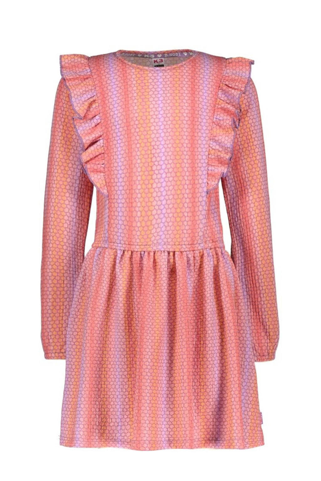 Roze en lilakleurige meisjes B.Nosy x jurk Doutzen met ruches perzik van polyester met lange mouwen, ronde hals en knoopsluiting