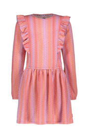 thumbnail: Roze en lilakleurige meisjes B.Nosy x jurk Doutzen met ruches perzik van polyester met lange mouwen, ronde hals en knoopsluiting