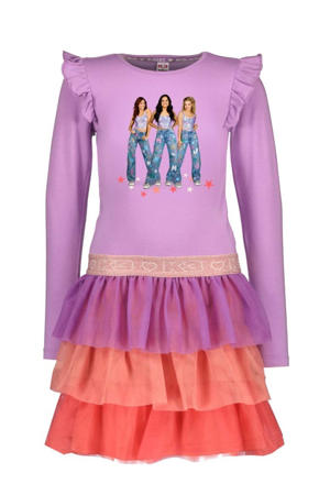 K3 jurk met printopdruk en mesh zachtpaars/oranje/koraal
