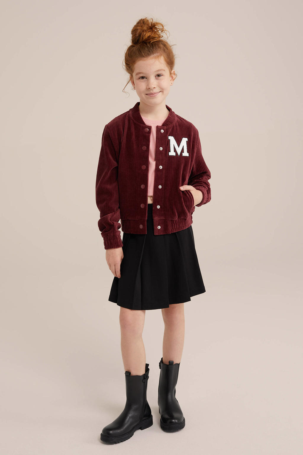 Roodbruine meisjes WE Fashion baseball jacket van katoen met effen, lange mouwen, ronde hals en knoopsluiting
